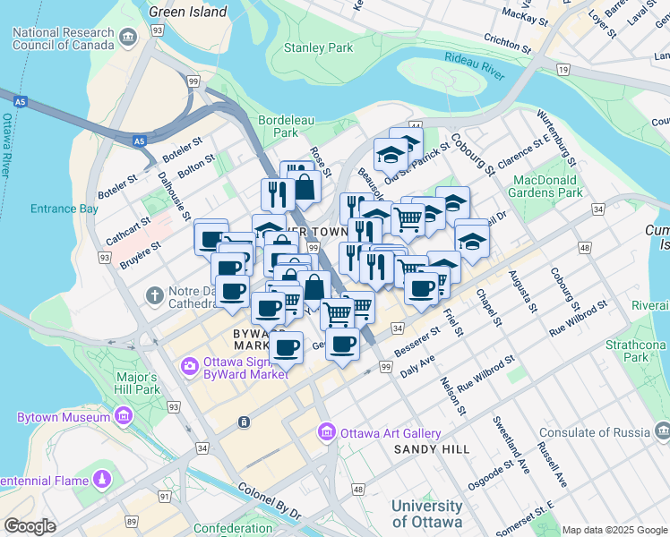 map of restaurants, bars, coffee shops, grocery stores, and more near 250 Clarence Street in Ottawa