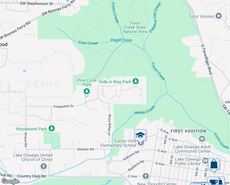 map of restaurants, bars, coffee shops, grocery stores, and more near 1531 Boca Ratan Drive in Lake Oswego