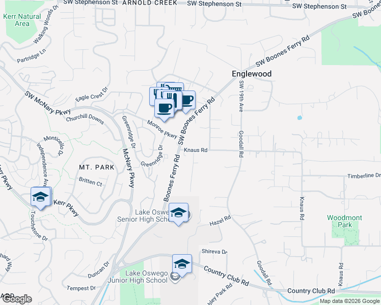 map of restaurants, bars, coffee shops, grocery stores, and more near 13041 Thoma Road in Lake Oswego