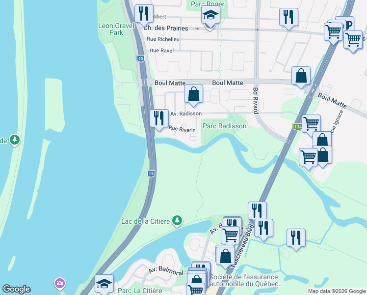 map of restaurants, bars, coffee shops, grocery stores, and more near in Brossard