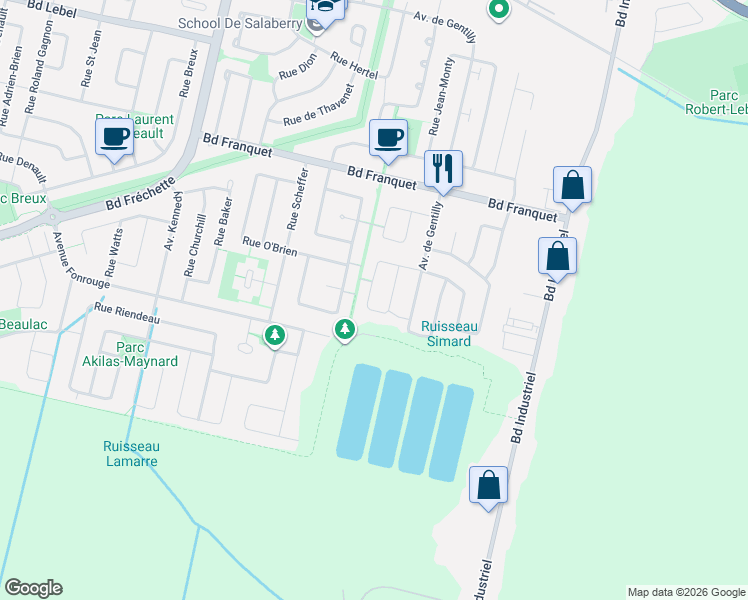 map of restaurants, bars, coffee shops, grocery stores, and more near 1344 Rue Jean-Baptiste-Bédard in Chambly