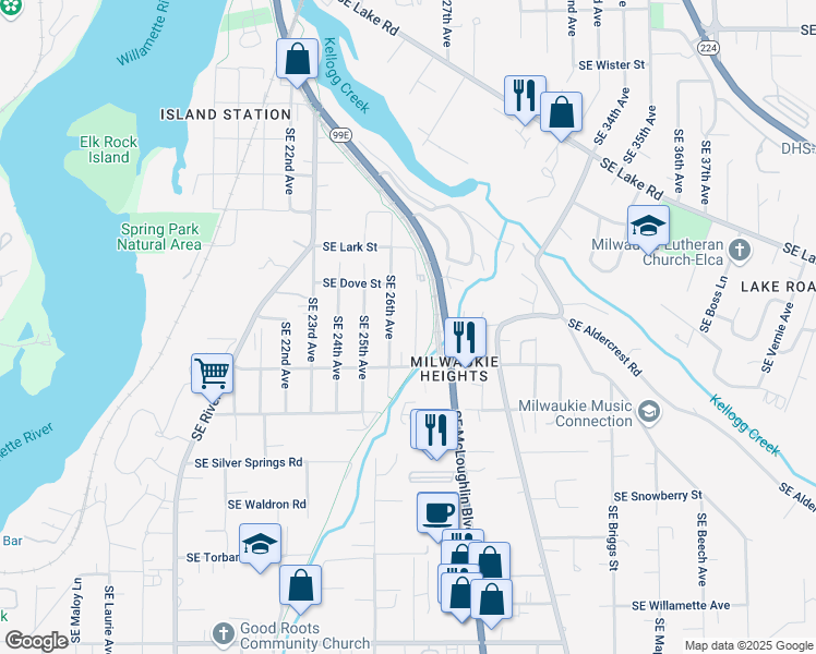 map of restaurants, bars, coffee shops, grocery stores, and more near 12567 Southeast 26th Avenue in Milwaukie