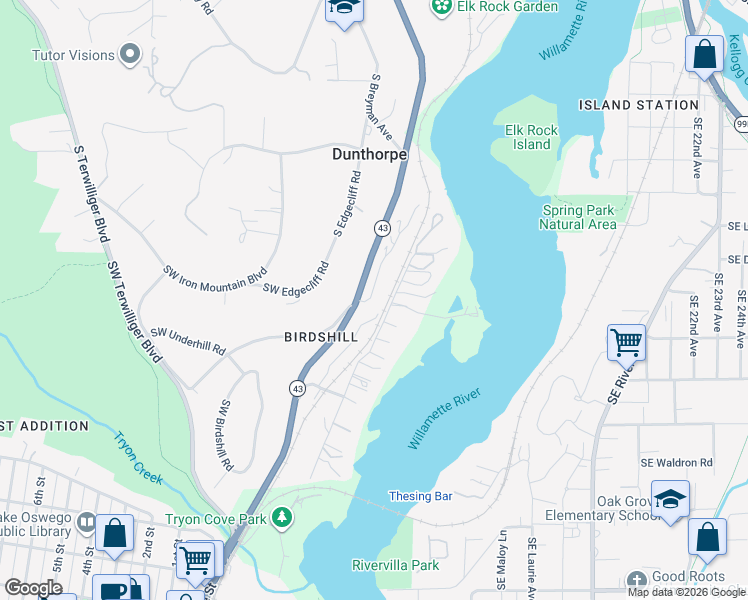map of restaurants, bars, coffee shops, grocery stores, and more near 12975 Elk Rock Road in Lake Oswego