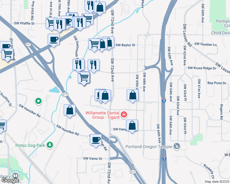map of restaurants, bars, coffee shops, grocery stores, and more near 7155 Southwest Elmhurst Street in Tigard