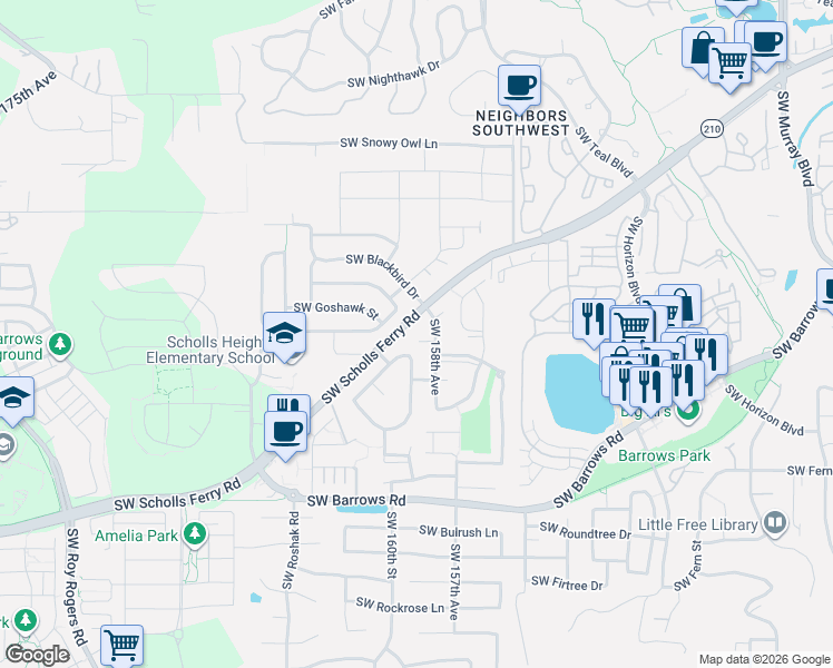 map of restaurants, bars, coffee shops, grocery stores, and more near 12170 Southwest 158th Avenue in Beaverton