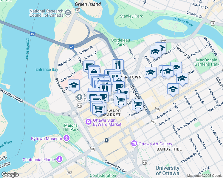 map of restaurants, bars, coffee shops, grocery stores, and more near 260 Rue Cumberland Street in Ottawa