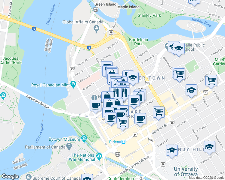 map of restaurants, bars, coffee shops, grocery stores, and more near in Ottawa