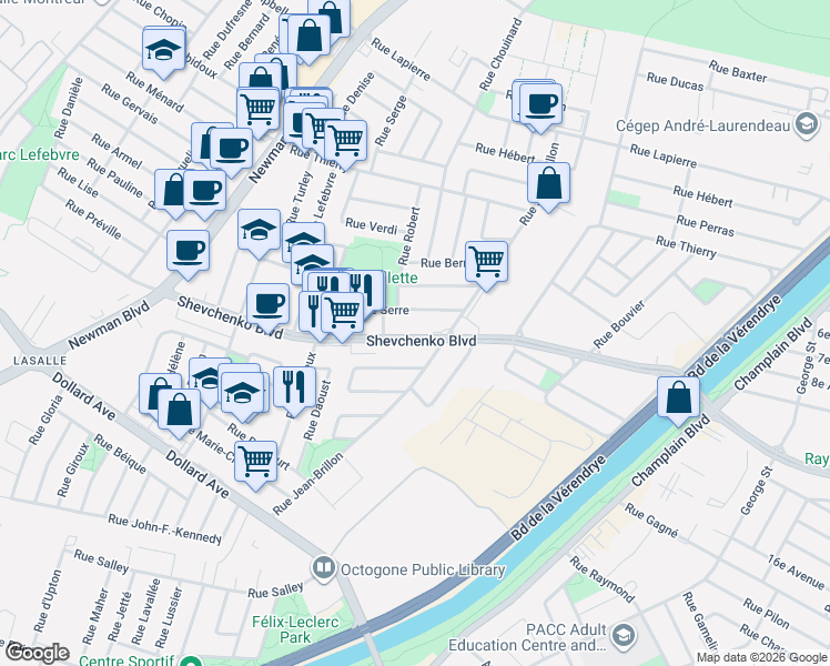 map of restaurants, bars, coffee shops, grocery stores, and more near 1335 Boulevard Shevchenko in Montréal