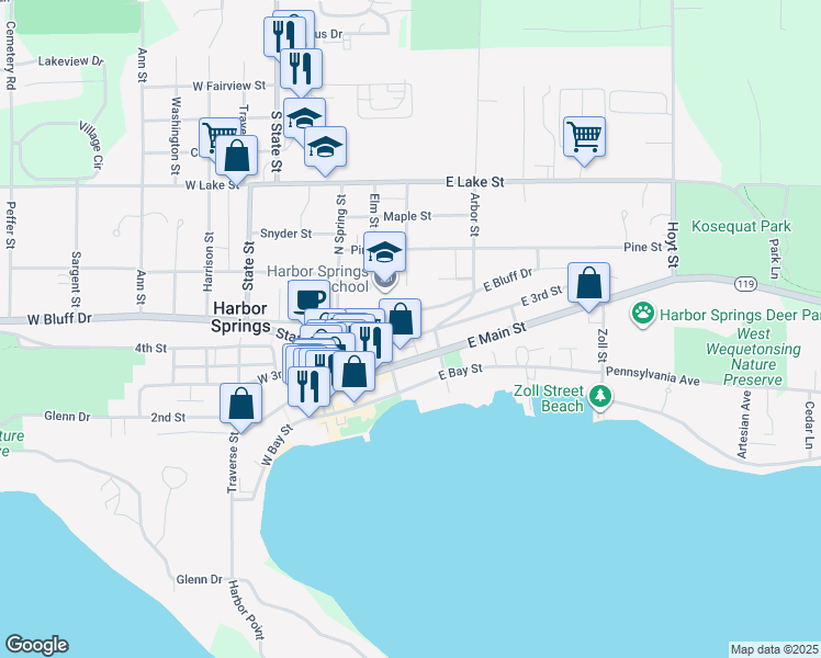map of restaurants, bars, coffee shops, grocery stores, and more near 598 Center St in Harbor Springs