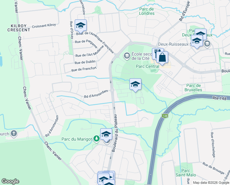 map of restaurants, bars, coffee shops, grocery stores, and more near 625 Boulevard du Plateau in Gatineau