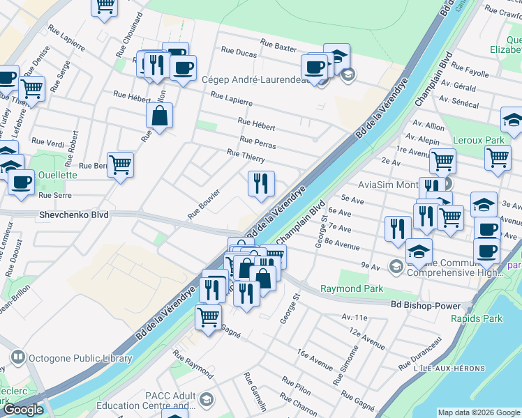 map of restaurants, bars, coffee shops, grocery stores, and more near 7697 Rue Bourdeau in Montréal
