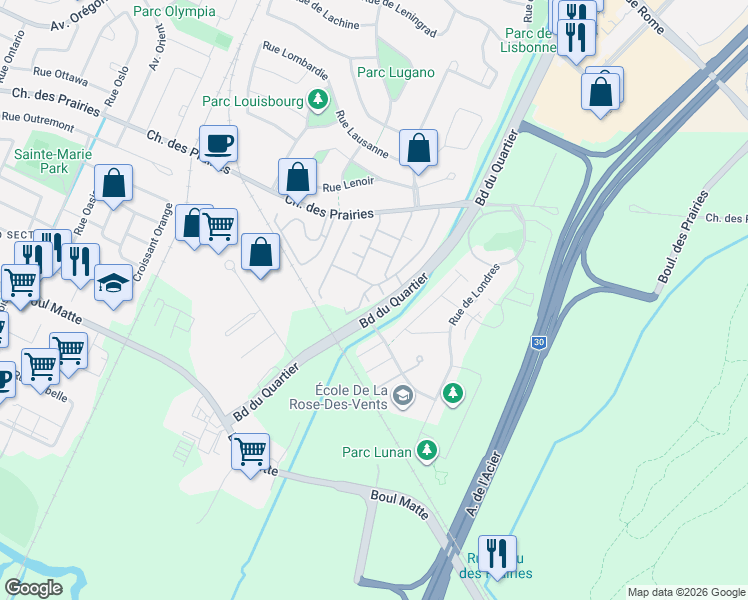 map of restaurants, bars, coffee shops, grocery stores, and more near 8974 Croissant du Louvre in Brossard