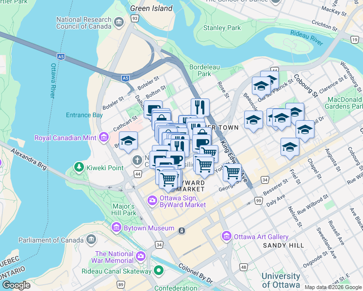 map of restaurants, bars, coffee shops, grocery stores, and more near 277 Saint Patrick Street in Ottawa