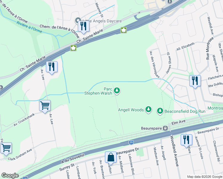 map of restaurants, bars, coffee shops, grocery stores, and more near 210 Boulevard Lakeview in Beaconsfield