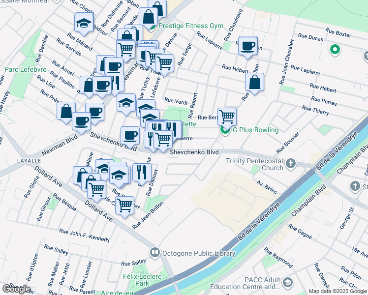 map of restaurants, bars, coffee shops, grocery stores, and more near Boulevard Shevchenko in Montréal