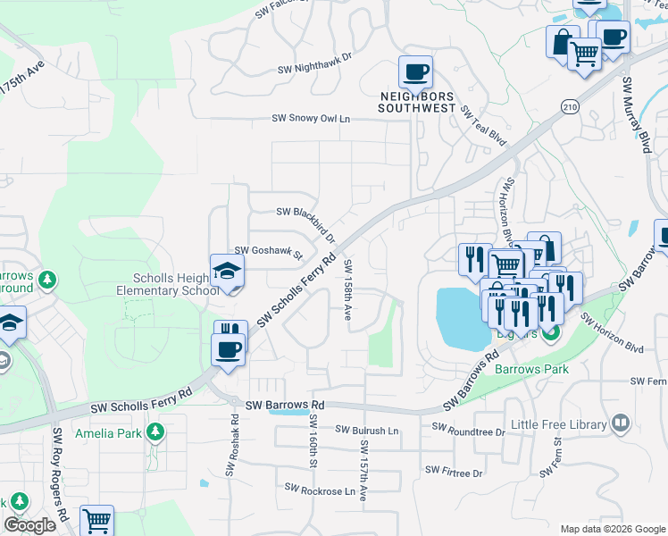 map of restaurants, bars, coffee shops, grocery stores, and more near 12170 Southwest 158th Avenue in Beaverton