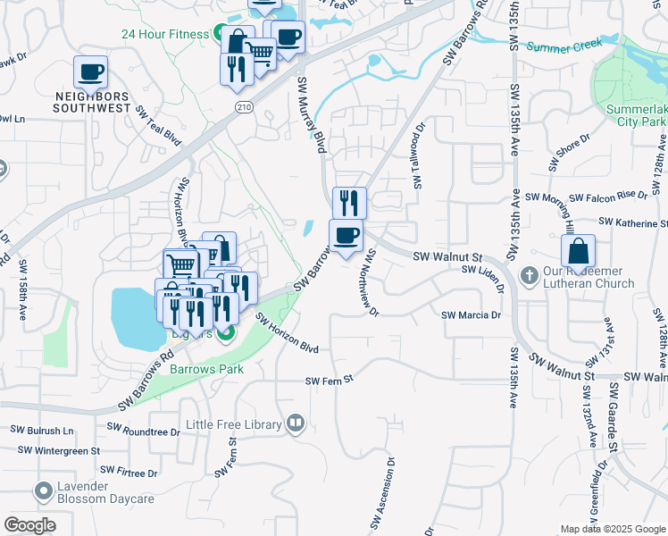 map of restaurants, bars, coffee shops, grocery stores, and more near 14350 Southwest Barrows Road in Tigard