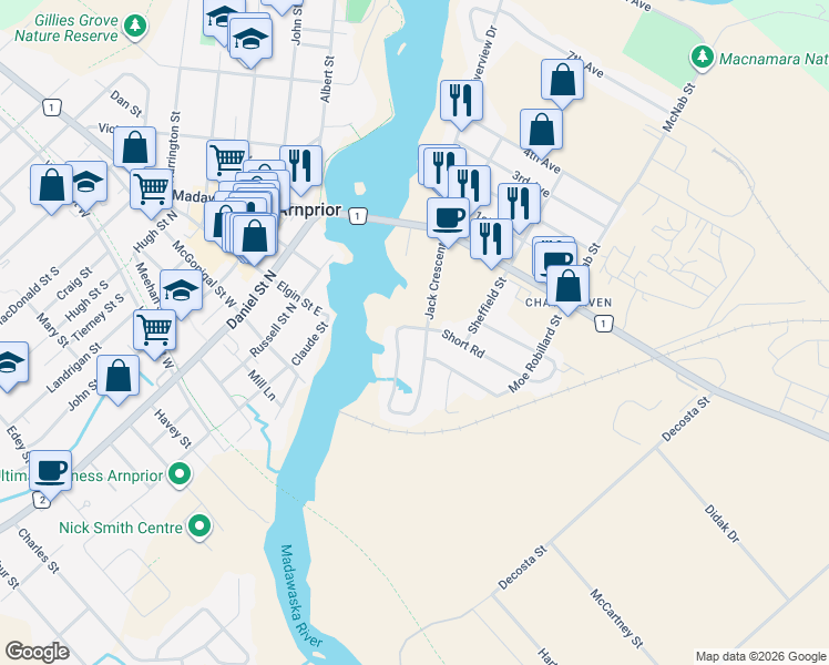 map of restaurants, bars, coffee shops, grocery stores, and more near 12 Short Road in Arnprior