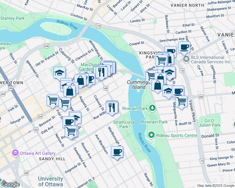 map of restaurants, bars, coffee shops, grocery stores, and more near 450 Daly Avenue in Ottawa