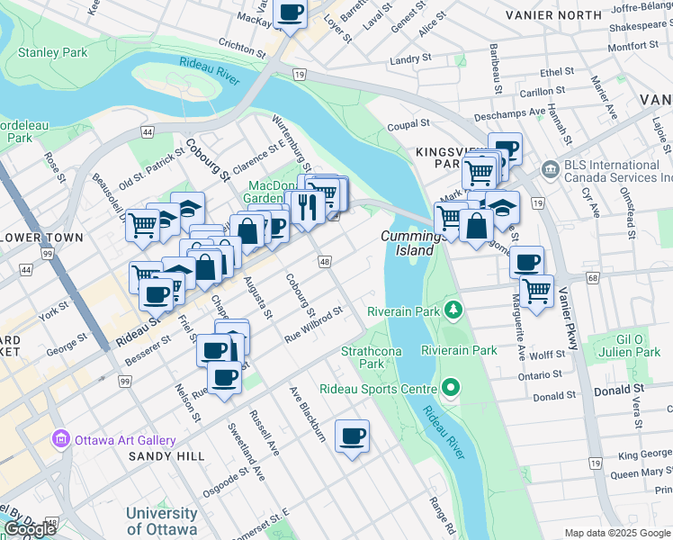 map of restaurants, bars, coffee shops, grocery stores, and more near 169 Charlotte Street in Ottawa