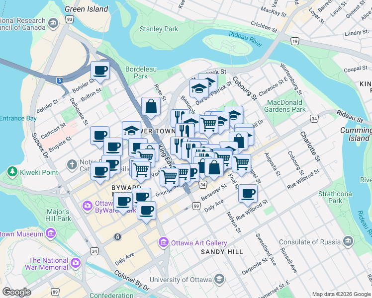 map of restaurants, bars, coffee shops, grocery stores, and more near 261 York Street in Ottawa