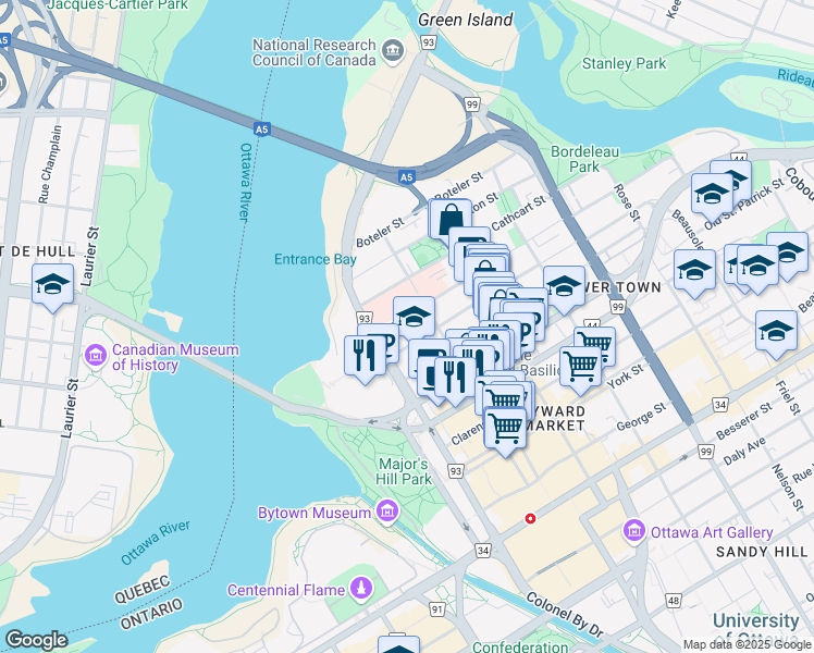map of restaurants, bars, coffee shops, grocery stores, and more near 43 Bruyère Street in Ottawa