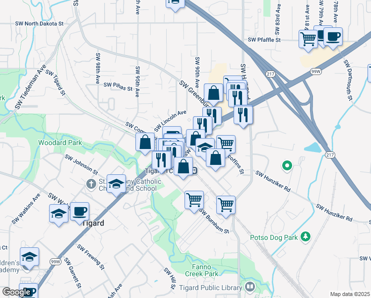 map of restaurants, bars, coffee shops, grocery stores, and more near 9125 Southwest Center Street in Tigard
