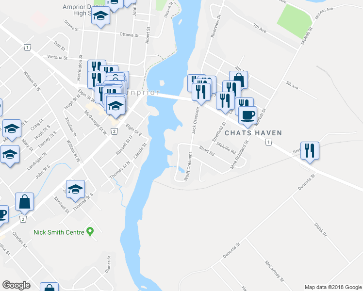 map of restaurants, bars, coffee shops, grocery stores, and more near 4 Short Road in Arnprior