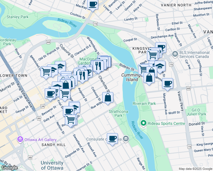 map of restaurants, bars, coffee shops, grocery stores, and more near 430 Daly Avenue in Ottawa