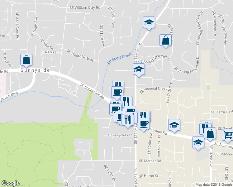 map of restaurants, bars, coffee shops, grocery stores, and more near 11851 Southeast Forest Creek Court in Happy Valley