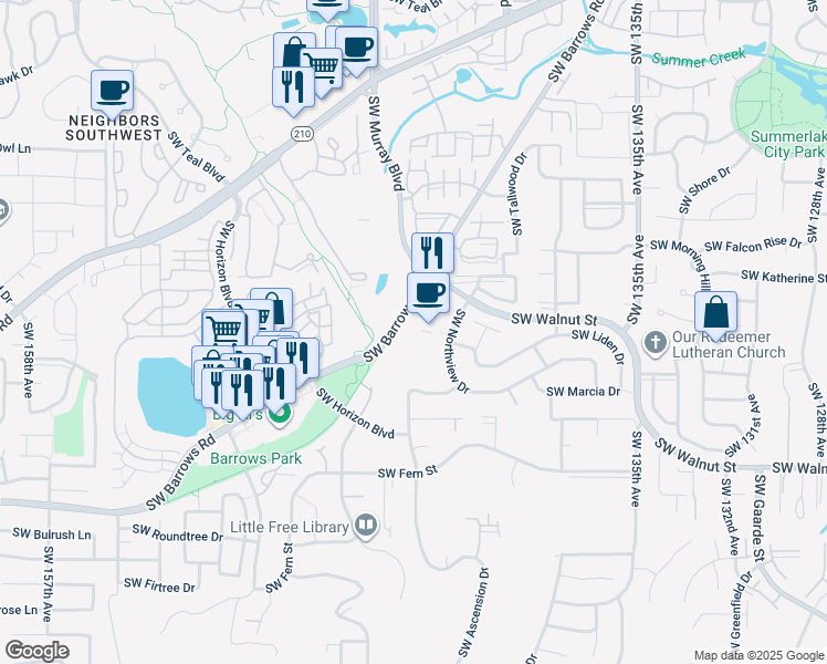 map of restaurants, bars, coffee shops, grocery stores, and more near 14350 Southwest Barrows Road in Tigard