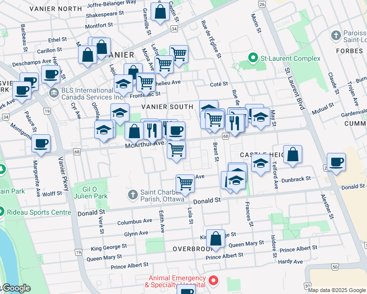 map of restaurants, bars, coffee shops, grocery stores, and more near 380 Irwin Miller Street in Ottawa