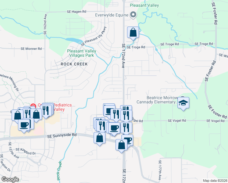 map of restaurants, bars, coffee shops, grocery stores, and more near Southeast Cuyahoga Way in Happy Valley
