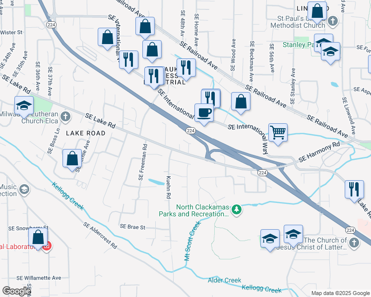 map of restaurants, bars, coffee shops, grocery stores, and more near 4905 Southeast Mintone Drive in Milwaukie