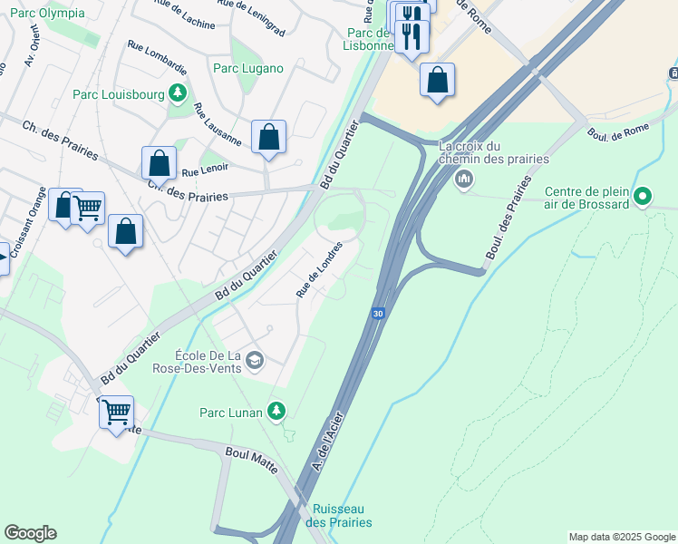 map of restaurants, bars, coffee shops, grocery stores, and more near 9150 Rue Lennon in Brossard