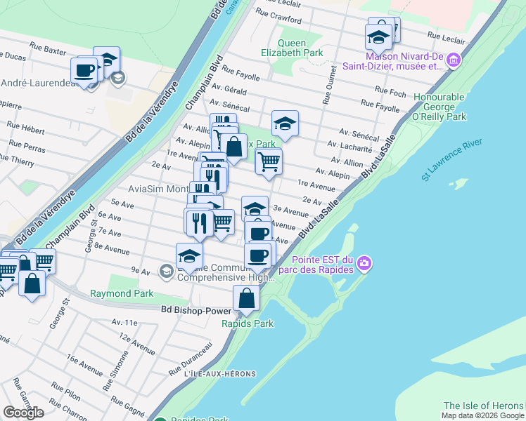 map of restaurants, bars, coffee shops, grocery stores, and more near 7617 Rue Édouard in Montréal