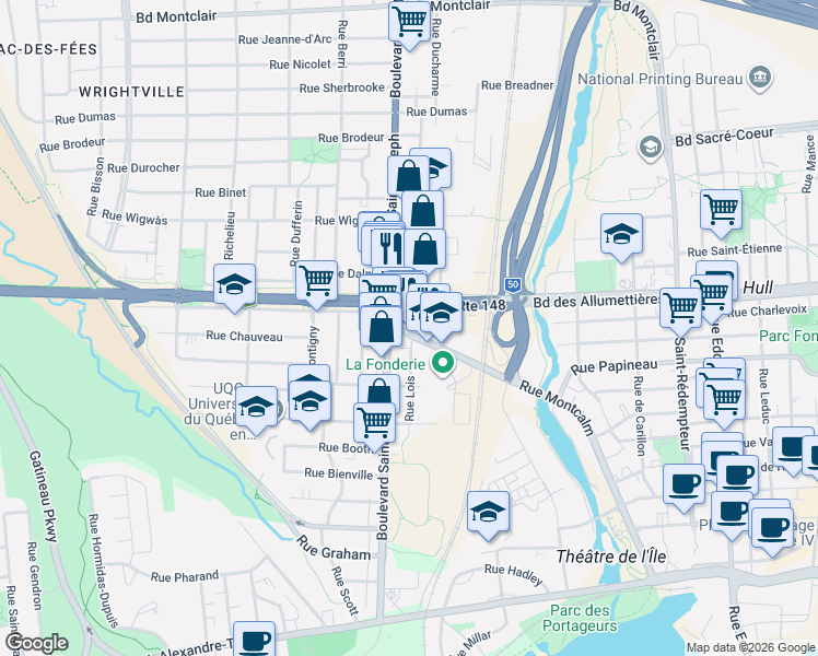 map of restaurants, bars, coffee shops, grocery stores, and more near 230 Rue Montcalm in Gatineau