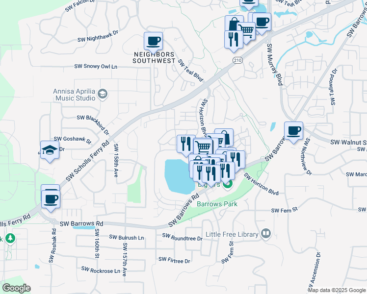 map of restaurants, bars, coffee shops, grocery stores, and more near 15270 Southwest Sparrow Loop in Beaverton