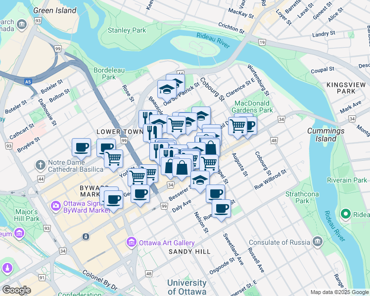 map of restaurants, bars, coffee shops, grocery stores, and more near 179 Beausoleil Drive in Ottawa