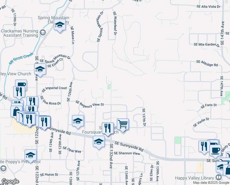 map of restaurants, bars, coffee shops, grocery stores, and more near 13232 Southeast Woodland Circle in Happy Valley