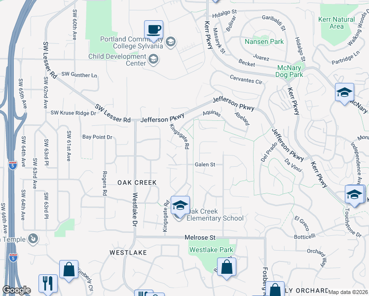 map of restaurants, bars, coffee shops, grocery stores, and more near 132 Kingsgate Road in Lake Oswego
