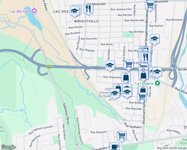 map of restaurants, bars, coffee shops, grocery stores, and more near 104 Rue Chauveau in Gatineau