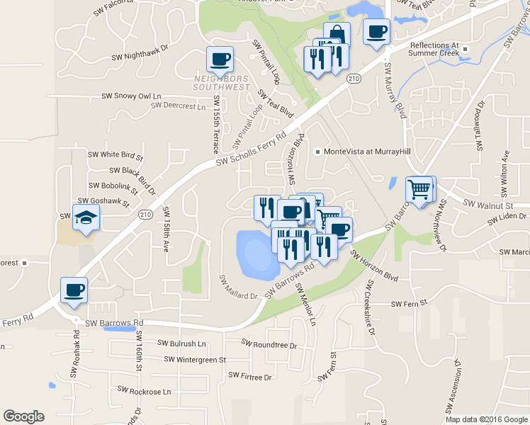 map of restaurants, bars, coffee shops, grocery stores, and more near 15270 Southwest Sparrow Loop in Beaverton