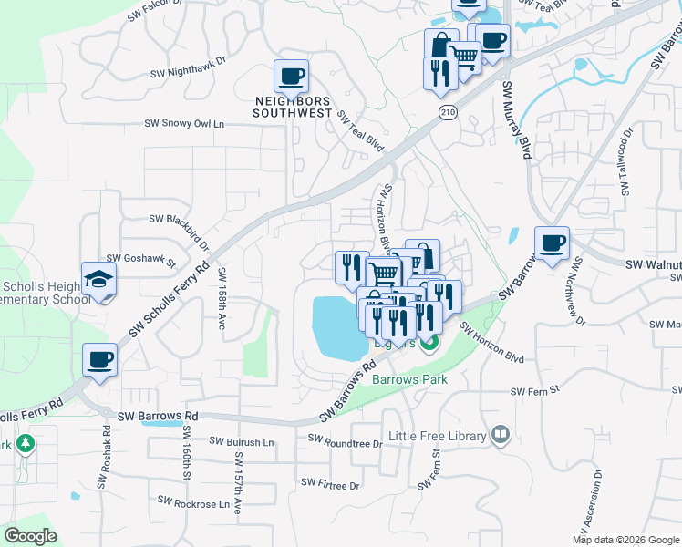 map of restaurants, bars, coffee shops, grocery stores, and more near 15270 Southwest Sparrow Loop in Beaverton