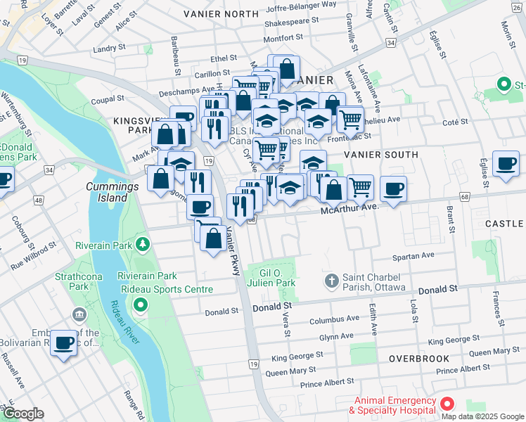 map of restaurants, bars, coffee shops, grocery stores, and more near in Ottawa