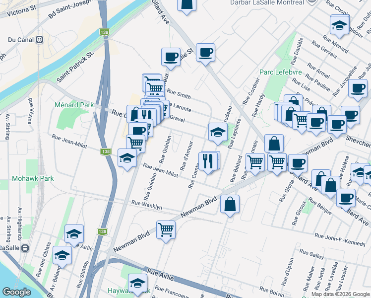 map of restaurants, bars, coffee shops, grocery stores, and more near 430 Rue d'Amour in Montréal