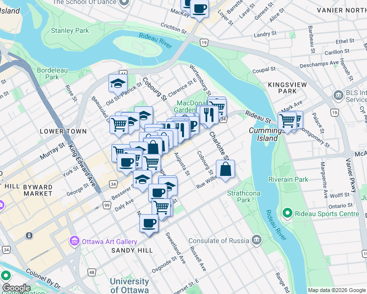 map of restaurants, bars, coffee shops, grocery stores, and more near 541 Rideau Street in Ottawa