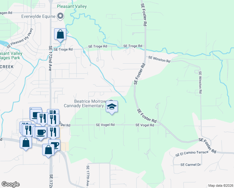 map of restaurants, bars, coffee shops, grocery stores, and more near 17721 Southeast Vogel Court in Damascus