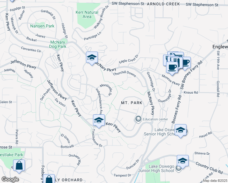map of restaurants, bars, coffee shops, grocery stores, and more near 16 Monticello Drive in Lake Oswego