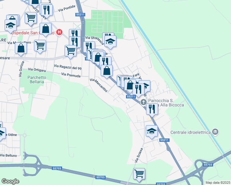 map of restaurants, bars, coffee shops, grocery stores, and more near 5 Via Silvio Spaventa in Novara